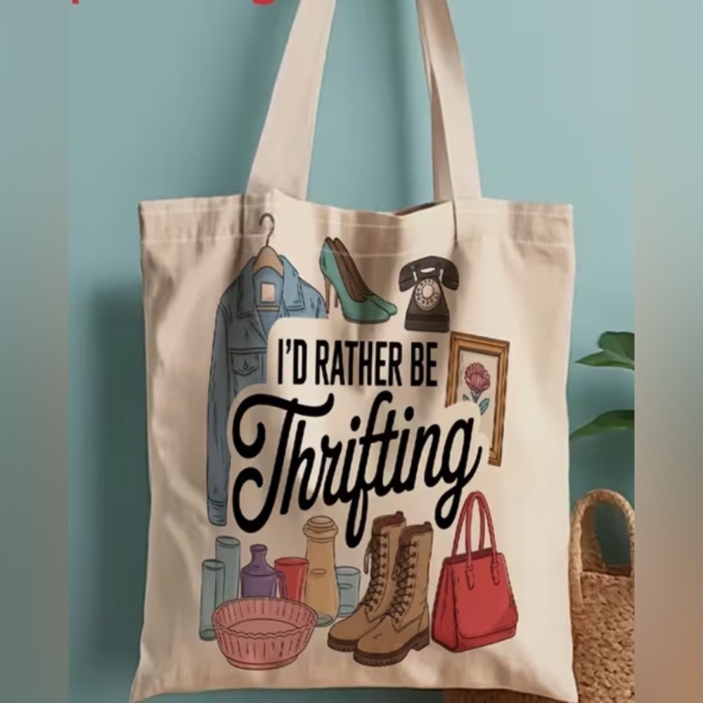 Stylish Cream Tote Bag with Thrifting Design - Picture 2 of 5